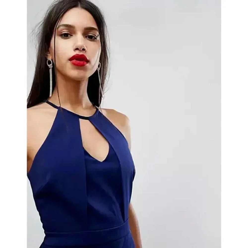 ADELYN RAE TAMI ASYMETRICAL SHEATH NAVY DRESS
